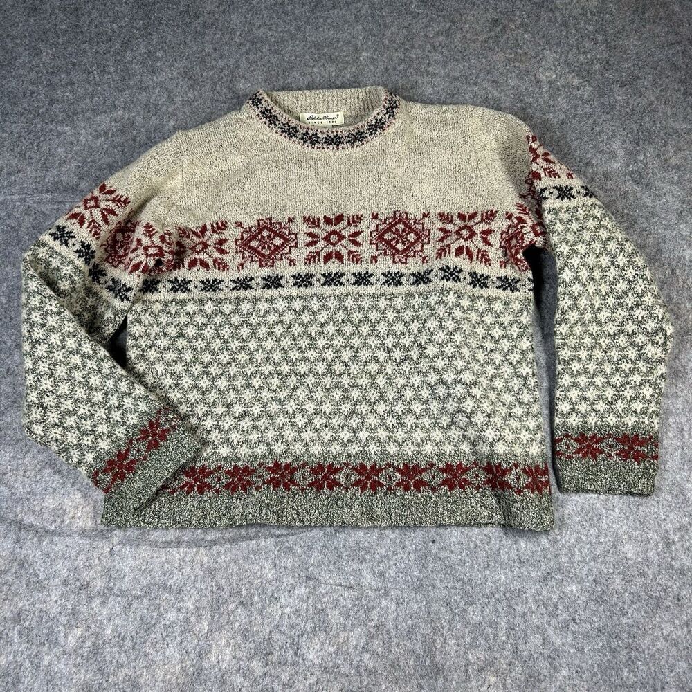 Eddie Bauer Gray and Red Patterned Crew Neck Sweater